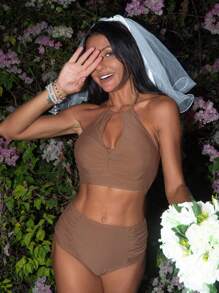 聚集式露背高腰夏季海灘比基尼套裝 - 咖啡棕 - 查看 7