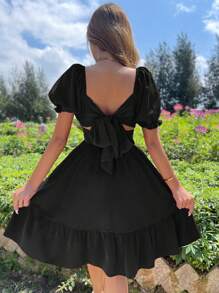 Breezaya 方領泡泡袖胸部褶皺荷葉邊連衣裙 - 黑色 - 查看 2