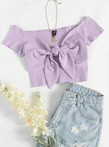 SHEIN Qutie 一字肩前打結羅紋針織短款T恤 - 紫丁香色 - 查看 1