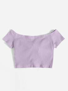 SHEIN Qutie 一字肩前打結羅紋針織短款T恤 - 紫丁香色 - 查看 2