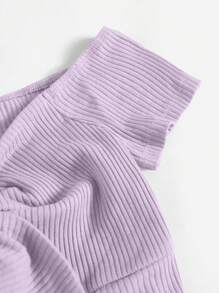 SHEIN Qutie 一字肩前打結羅紋針織短款T恤 - 紫丁香色 - 查看 3