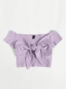 SHEIN Qutie 一字肩前打結羅紋針織短款T恤 - 紫丁香色 - 查看 4