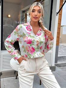 SHEIN Clasi Áo sơ mi nữ Nút phía trước Hoa Tất cả trên in Thanh lịch - Nhiều màu - Xem 4