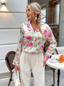 SHEIN Clasi Áo sơ mi nữ Nút phía trước Hoa Tất cả trên in Thanh lịch - Nhiều màu - Xem 5