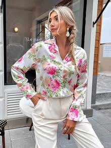 SHEIN Clasi Áo sơ mi nữ Nút phía trước Hoa Tất cả trên in Thanh lịch - Nhiều màu - Xem 6