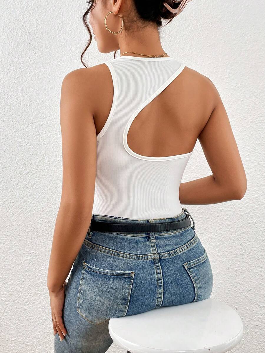 SHEIN Privé 素色後鏤空背心上衣 - 白色 - 查看 1
