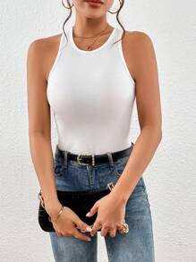 SHEIN Privé 素色後鏤空背心上衣 - 白色 - 查看 3