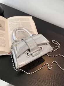 Chic Mini Beaded Chain Crossbody Bag, Women's Small Square Handbag - Silver - View 2