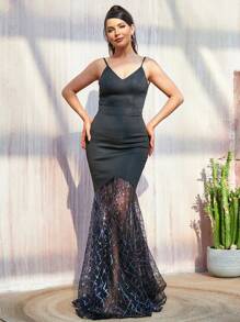 Missord Vestido cami malha de contraste bainha de sereia - Preto - Ver 1