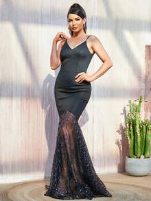 Missord Vestido cami malha de contraste bainha de sereia - Preto - Ver 5