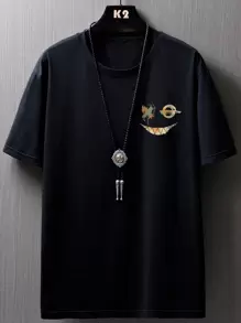 Manfinity LEGND Camisetas de hombre con cuello redondo ajustado, mangas cortas, estampado gráfico de sonrisa, casual de verano, poliéster
