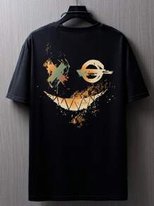 Manfinity LEGND Camisetas de hombre con cuello redondo ajustado, mangas cortas, estampado gráfico de sonrisa, casual de verano, poliéster