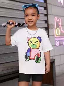 SHEIN 小女童小熊印花落肩T恤和騎行褲 - 黑色 - 查看 1