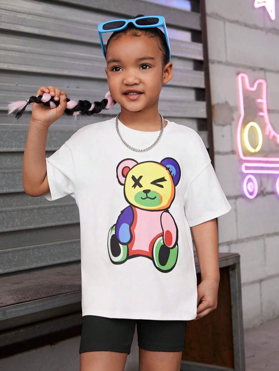 SHEIN 小女童小熊印花落肩T恤和騎行褲 - 黑色 - 查看 1