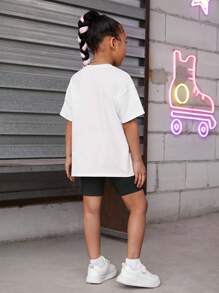 SHEIN 小女童小熊印花落肩T恤和騎行褲 - 黑色 - 查看 2