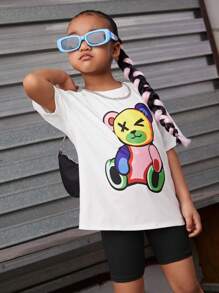 SHEIN 小女童小熊印花落肩T恤和騎行褲 - 黑色 - 查看 3