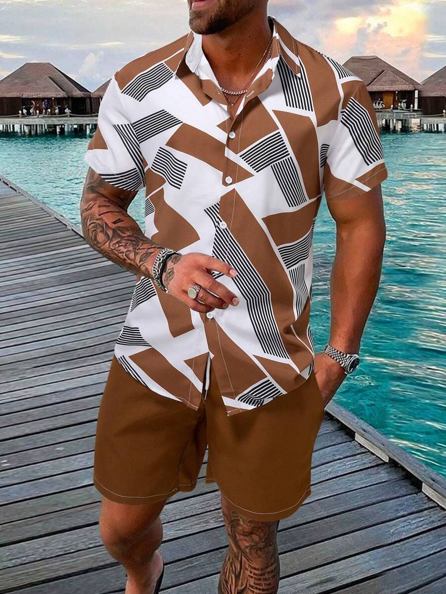 Manfinity RSRT Áo sơ mi và quần short họa tiết Geo dành cho nam, Đồ họa, Kỳ nghỉ, Chồng, Nhiều màu sắc, Thường ngày - Nhiều màu - Xem 1