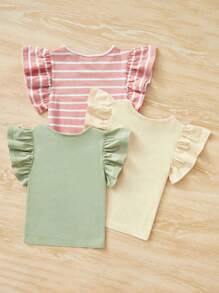 SHEIN Cô Gái Trẻ 3pcs Sọc Viền Ruffle Áo thun - Nhiều màu - Xem 2