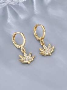 1pair Korean Style New Arrival Zirconia Studded Metal Leaf Earrings For Women, Elegant Short Maple Leaf Dangle Earrings - Multicolor - View 2