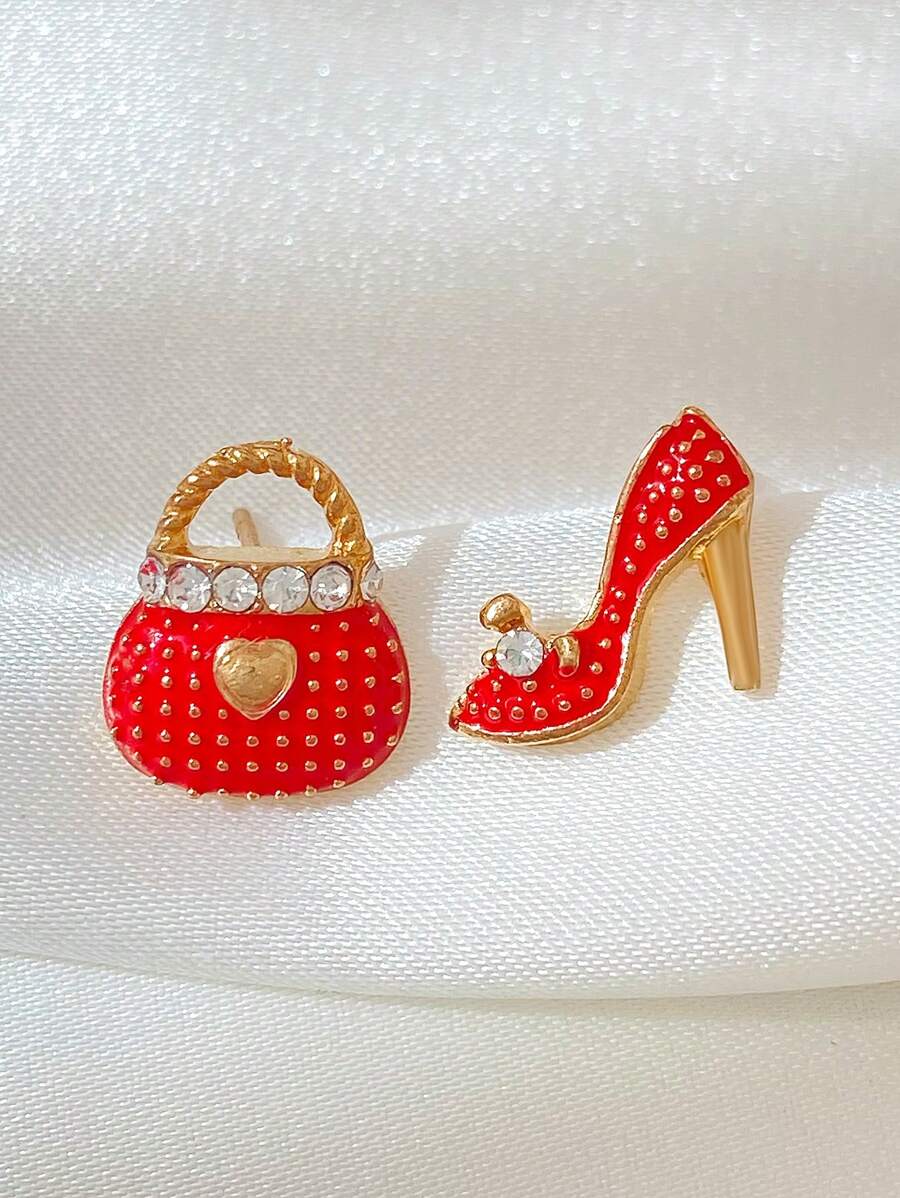 A Pair Of Creative, Fashionable, Simple And Versatile Red High-heeled Shoes, Bag, Asymmetric Diamond-encrusted Earrings, Suitable For Daily Wear By Women And Small Gifts For Friends. - Red - View 1