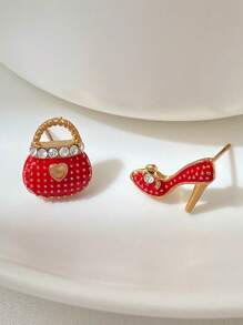 A Pair Of Creative, Fashionable, Simple And Versatile Red High-heeled Shoes, Bag, Asymmetric Diamond-encrusted Earrings, Suitable For Daily Wear By Women And Small Gifts For Friends. - Red - View 2