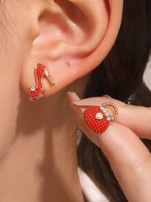 A Pair Of Creative, Fashionable, Simple And Versatile Red High-heeled Shoes, Bag, Asymmetric Diamond-encrusted Earrings, Suitable For Daily Wear By Women And Small Gifts For Friends. - Red - View 3