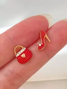 A Pair Of Creative, Fashionable, Simple And Versatile Red High-heeled Shoes, Bag, Asymmetric Diamond-encrusted Earrings, Suitable For Daily Wear By Women And Small Gifts For Friends. - Red - View 4