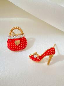 A Pair Of Creative, Fashionable, Simple And Versatile Red High-heeled Shoes, Bag, Asymmetric Diamond-encrusted Earrings, Suitable For Daily Wear By Women And Small Gifts For Friends. - Red - View 5
