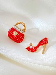 A Pair Of Creative, Fashionable, Simple And Versatile Red High-heeled Shoes, Bag, Asymmetric Diamond-encrusted Earrings, Suitable For Daily Wear By Women And Small Gifts For Friends. - Red - View 7