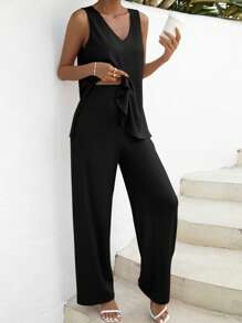 SHEIN Maternidad unicolor Top tank con pantalones Set - Negro - Ver 1