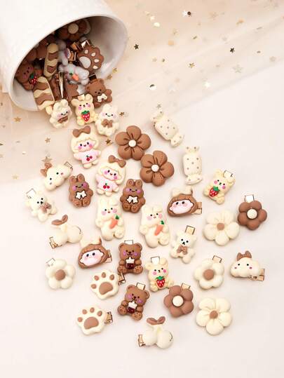 30 件迷你彩色女孩树脂发夹，带有花朵图案和随机卡通动物和棕熊图案