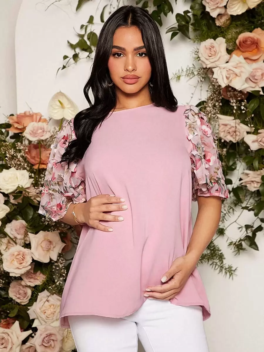 SHEIN 孕婦印花泡泡袖襯衫