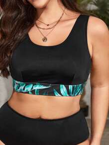 SHEIN Swim Curve Plus Size Tropical Print Bikini Top, For Summer Beach Vacation - Black - View 4