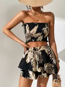 SHEIN VCAY Tropical Print Tube Top & Shorts - Multicolor - View 3