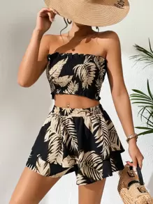 SHEIN VCAY Tropical Print Tube Top & Shorts - Multicolor - View 5