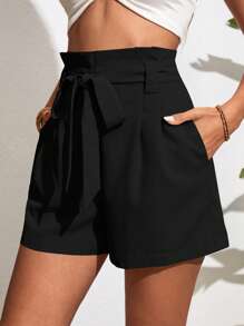 SHEIN VCAY 紙袋腰腰帶闊腿短褲 - 黑色 - 查看 3