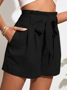 SHEIN VCAY 紙袋腰腰帶闊腿短褲 - 黑色 - 查看 4