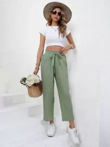SHEIN Frenchy Paperbag Waist Knot Front Trousers - Mint Green - View 3