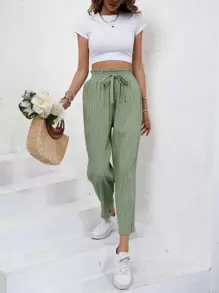 SHEIN Frenchy Paperbag Waist Knot Front Trousers - Mint Green - View 4