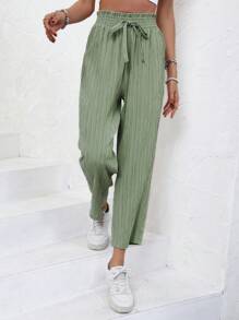 SHEIN Frenchy Paperbag Waist Knot Front Trousers - Mint Green - View 5