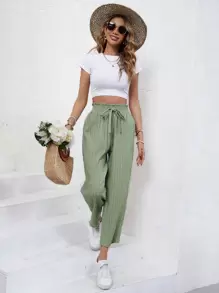 SHEIN Frenchy Paperbag Waist Knot Front Trousers - Mint Green - View 6