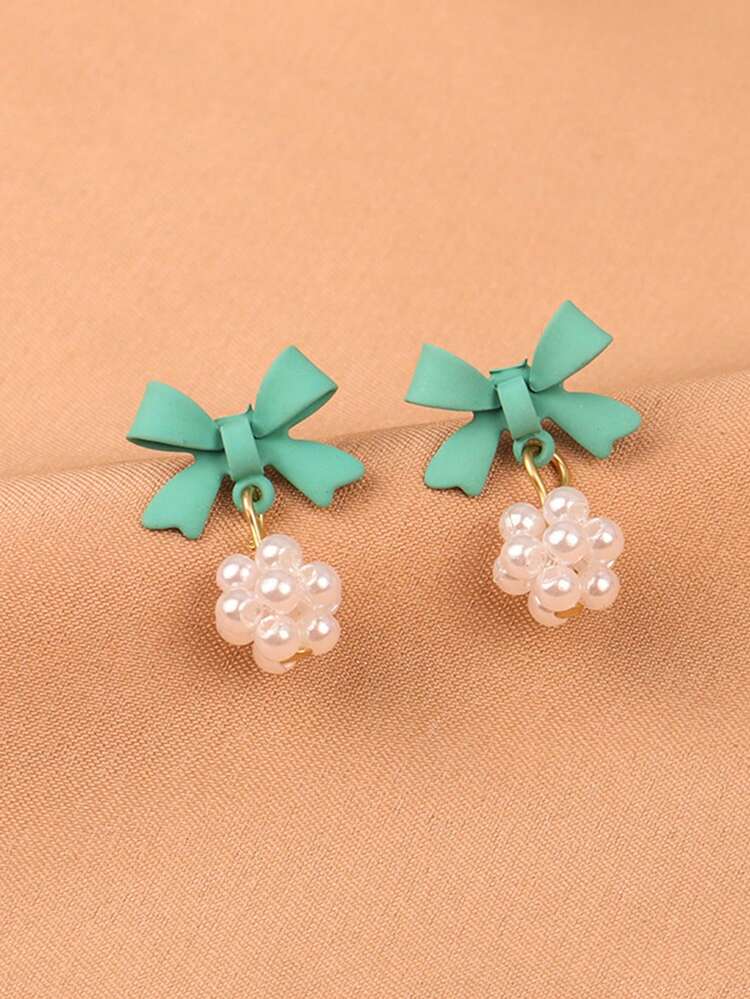 Bow & Faux Pearl Decor Drop Earrings - Multicolor - View 1