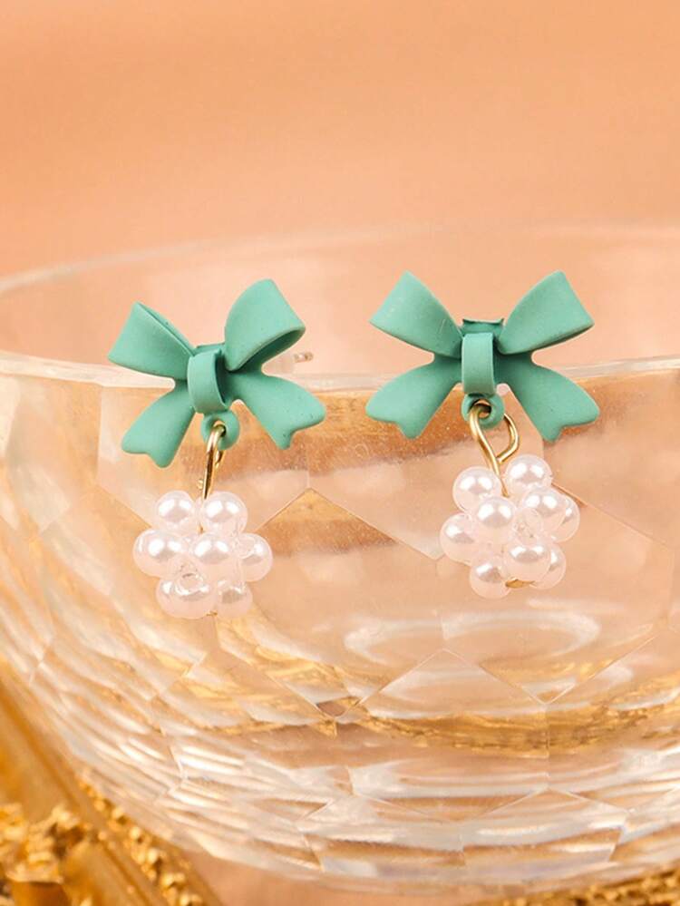 Bow & Faux Pearl Decor Drop Earrings - Multicolor - View 4