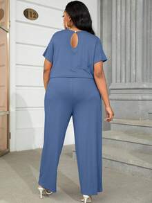 大碼素色腰部抽繩闊腿連體褲 - 藍色 - 查看 2