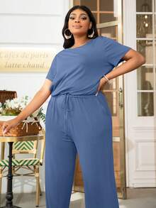 大碼素色腰部抽繩闊腿連體褲 - 藍色 - 查看 3