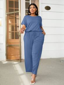 大碼素色腰部抽繩闊腿連體褲 - 藍色 - 查看 5