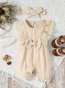 SHEIN Baby Girl Lace Ruffle Trim Bow Front Romper - Apricot - View 1