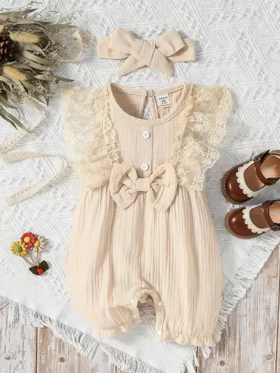 SHEIN Baby Girl Lace Ruffle Trim Bow Front Romper