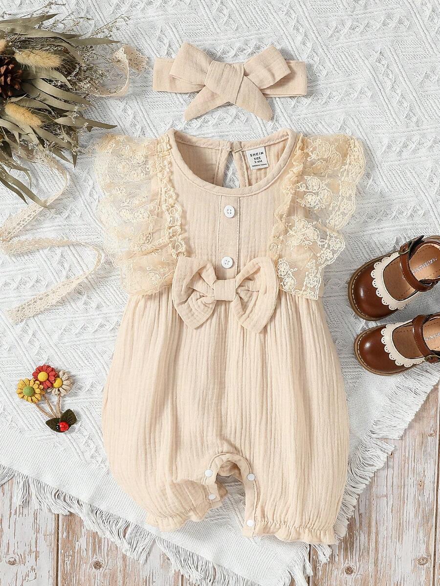 SHEIN Baby Girl Lace Ruffle Trim Bow Front Romper - Apricot - View 1