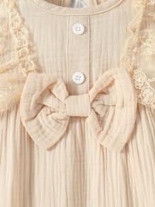 SHEIN Baby Girl Lace Ruffle Trim Bow Front Romper - Apricot - View 3